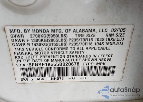 2005 Honda Pilot Ex-L from USA, damaged, VIN 5FNYF18555B020678